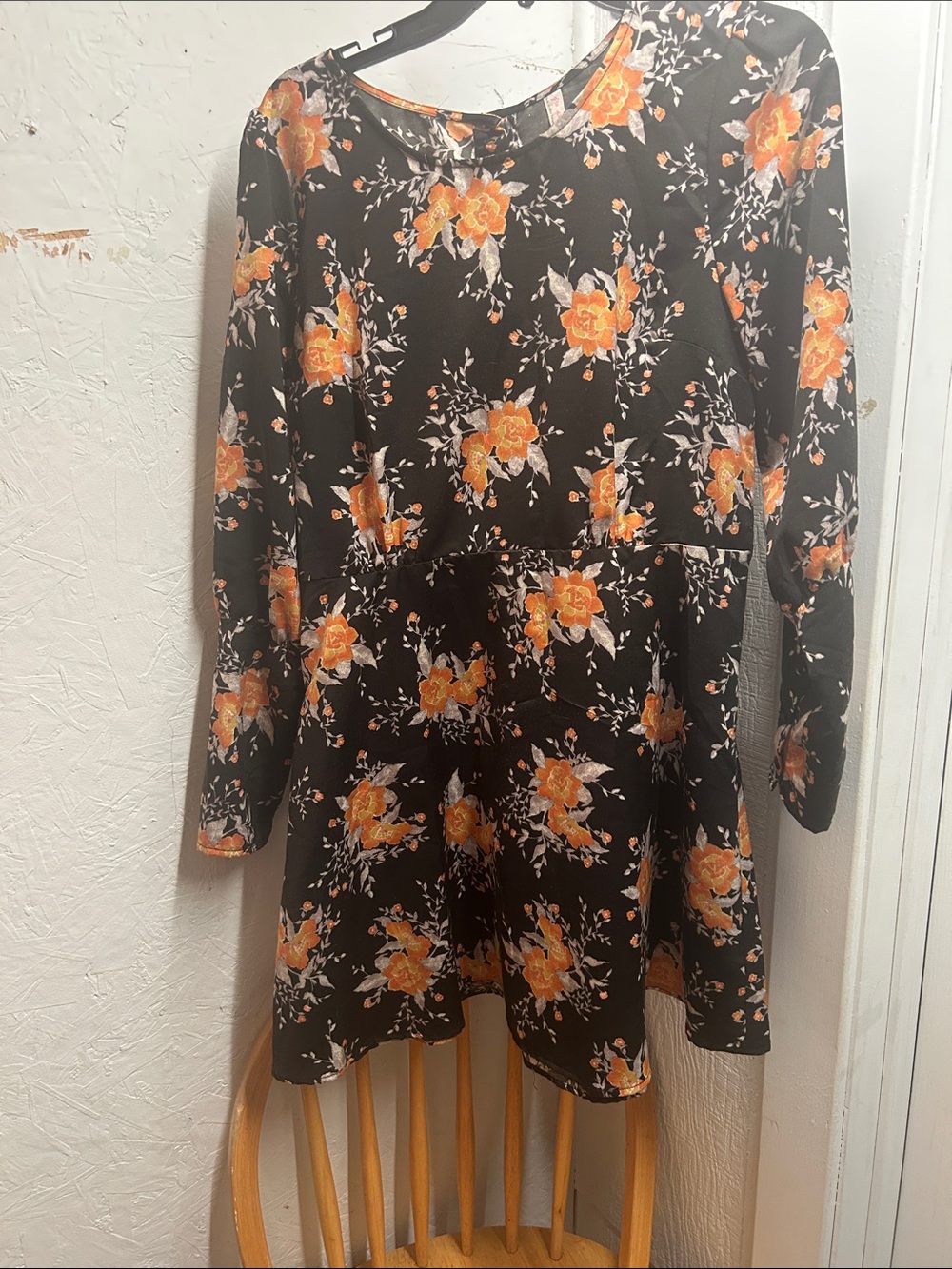 Free People Black Long-Sleeve Floral Skater Dress with Orange Blooms lightweight